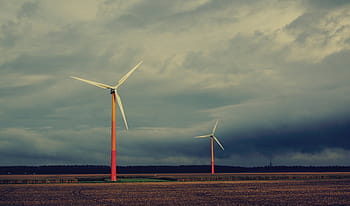 two, white, windmill, brown, ground, nature, landscape, plains, windmills, sky, clouds