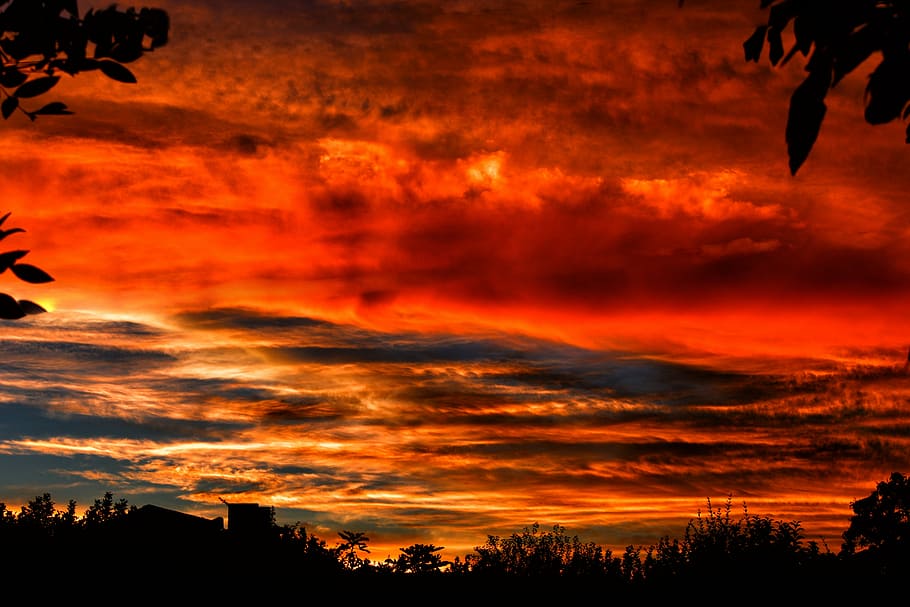 cielo, nuvole, tramonto, paesaggio, silhouette, colore arancione, nuvola - cielo, all'aperto, rosso, calore - temperatura, multicolore