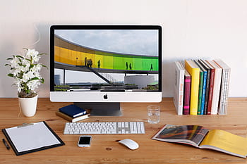 zapnutý imac, vedle, knih, lavice, pracoviště, imac, plocha počítače, tvořivý, obrazovka, počítač, jablko