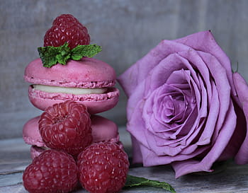 pink, rose, macaroons, macarons, raspberries, mint, purple rose, pastries, french pastries, tender, fruits