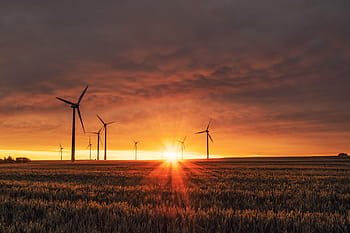landscape photography, silhouette, windmills, field, sunet, farm, windmill, sky, clouds, sunlight, sunset