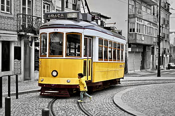 Lisabon, žlutá, dítě, tramvaj, selektivní barva