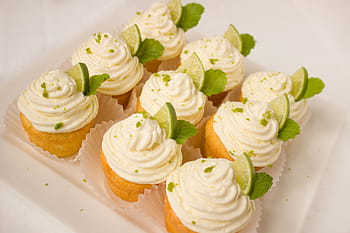 nine, white, icing, covered, cupcakes, caipirinha, muffins, cake, cream, lime, mint