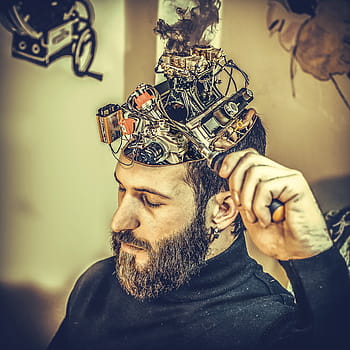 Ondiep, focus fotografie, man, bezit, zwart, metalen apparaat, mechanisch, hersenen, machine, manipulatie, baard