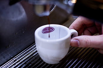 espresso, stroj, káva, napít se, bílý, pohár, ruka