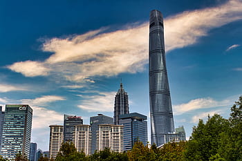 skyline, skyscraper, building, architecture, glass facades, sky, high, shanghai, shanghai tower, city