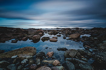 fotografování s nízkým úhlem, skály, tělo, voda, moře, oceán, vln, Příroda, kámen, pobřeží, temné mraky