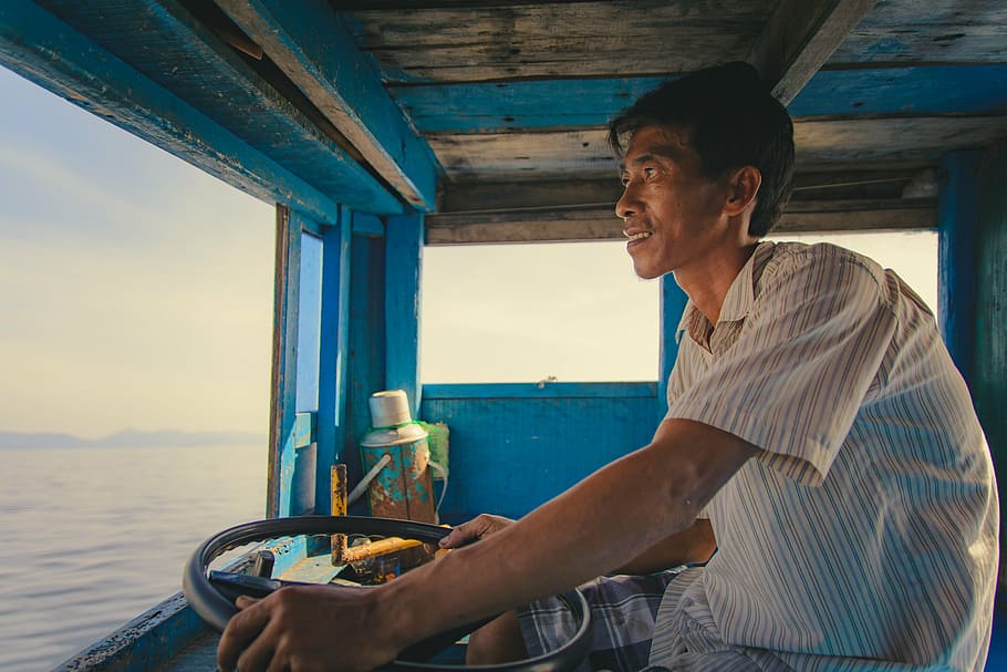 man, men, boat, fisherman, driving, summer, fishing, transport, water, outdoors, wave