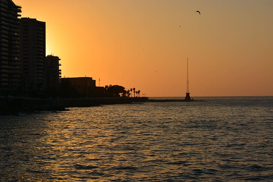 orange, sunset, beirut, lebanon, sea, sealife, sun, city sunset, city, landscape, evening