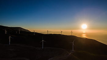 šedá, větrný mlýn, horní, hora, modrý, nebe, západ slunce, scenérie, temný, sluneční, energie