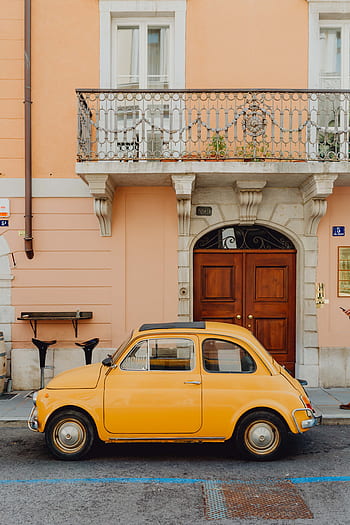 500, antiguo, vintage, Italia, Europa, amarillo, coche, transporte, calle, balcón, clásico