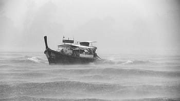 motorboat, wavy, sea, raining, gray, scale, illustration, ship, middle, still, items