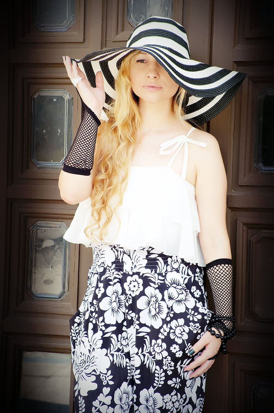 lovely, fashion, woman, young Woman, young, hat, wide-brimmed Hat, elegantly, black And White, overalls, summer