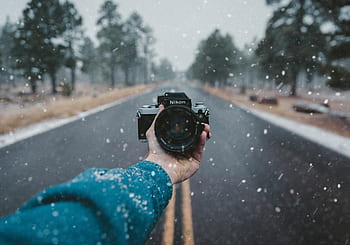 Fotoaparát, nikon, objektiv, Černá, fotografování, sníh, zimní, Studený, rozmazat, ruka, strom
