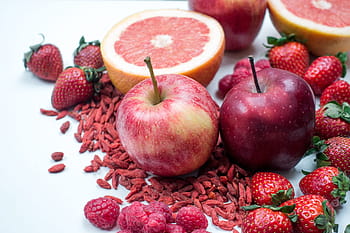 Červené, jablka, ovoce, červené ovoce, jablko, čerstvý, goji, grapefruit, zdravý, jahody, bílé pozadí