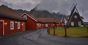 red, houses undr, gray, sky, Dusk, Lofoten, Svolvær, Norway, svolvaer, svolvær, norway, islands
