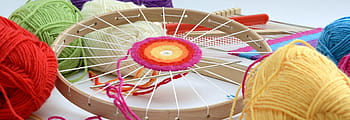 round, brown, wooden, frame, assorted-color threads, yarns, wool, web framework, weave, color, colorful