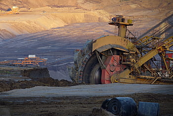 yellow, red, black, heavy, duty equipment, excavator, wheel, extraction, coal, strip-mine, coal mining