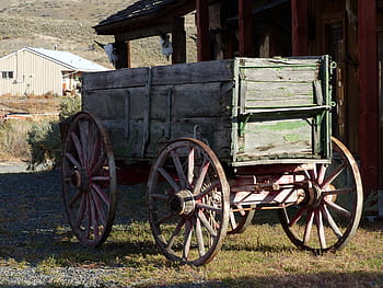 zelená, hnědý, vozík, vedle, Dům, zabitý, ranč, starověké, budov, dřevěný, vesternový styl