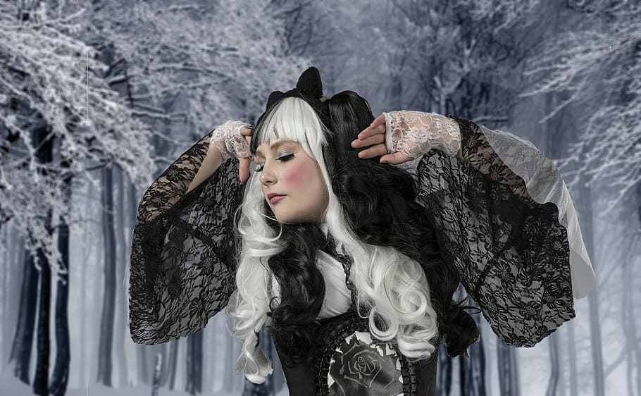Modelka, zimní, sníh, dobře vypadající, žena