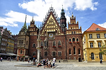 people, walking, brown, concrete, cathedral, daytime, wrocław, lower silesia, architecture, colored townhouses, street