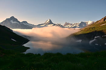bachalpsee, bergsee, mountain landscape, nature, summit, grindelwald, finsteraarhorn, wetterhorn, alpine, switzerland, schreckhorn