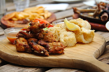 selettivo, fotografia a fuoco, cucinato, carne, uovo, fritte, pollo, Ali, sotong, occidentale, cibo