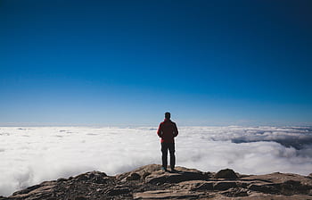 peak, mountain, view, landscape, people, man, adventure, outdoor, hill, travel, blue