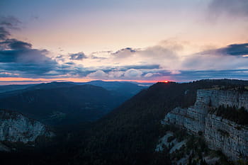 krajinářské fotografie, hory, zataženo, nebe, svítání, siluety, červené slunce, mysthisch, útes, osvětlené nebe, barevné nebe