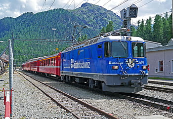 red, blue, train, rhaetian railways, engadin, graubünden, switzerland, regional train, electric locomotive, werbelok, region
