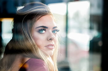 makro fotografie, žena, modrý, oči, lidé, tvář, krása, blondýnka, sklenka, okno, ženy