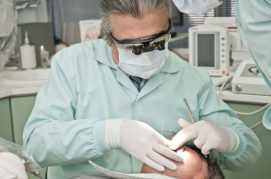 doktor, kontroly, člověk, oko, lůžko, zubař, zubní ordinaci, zubní lékařství