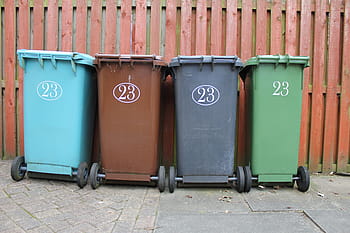 quatro, latas de lixo de cores sortidas, lixeira, lixo, papel, plástico, azul, verde, cinza, marrom, reciclagem