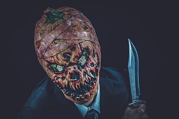 pumpkin head person, holding, knife, halloween, horror, scary, creepy, weird, nightmare, fash, fear