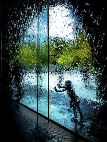person, behind, glass wall painting, people, girl, child, kid, water, dripping, glass, silhouette