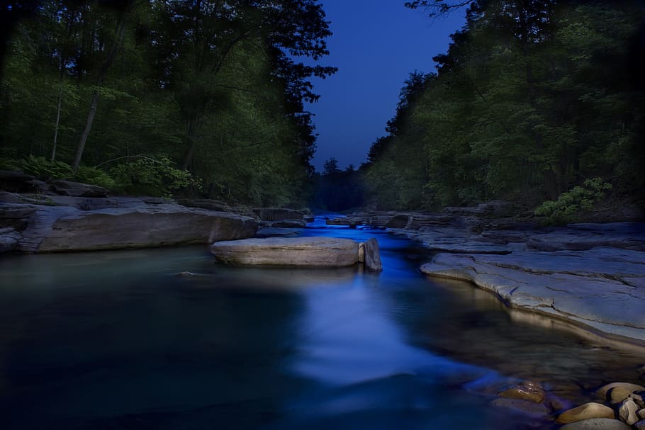 river and trees, water, rocks, stone, blue, creek, light painting, night, river, tranquil, peaceful