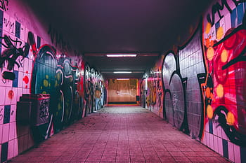 chodba s graffiti, tunel, temný, noc, silnice, světlo, moderní, architektura, infrastruktura, dlaždice, graffiti