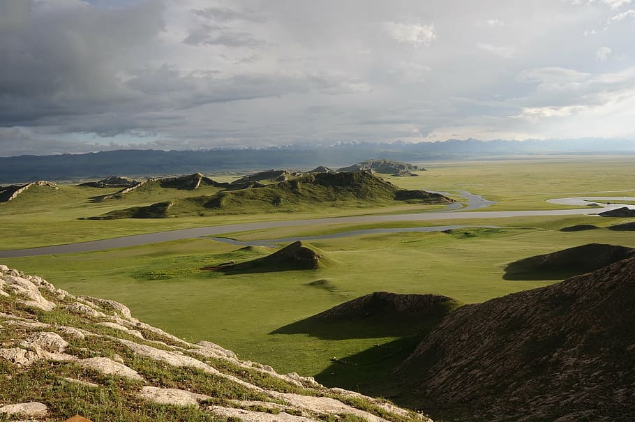 palestinian sound brook, in xinjiang, tourism, nature, landscape, scenics, outdoors, sky, day, grass, golf course