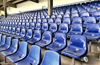 blue, plastic bench chairs, sit, grandstand, theater, football stadium, audience, viewers, watch, sport, tribune