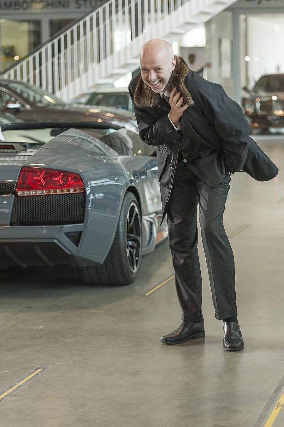 businessman, coat, auto, lamborghini, black, sports car, berndbitzer, elegant, germany, karinschiel