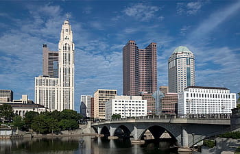 vysoký, budovy, modrý, nebe, columbus, ohio, ohio, město, panoráma, columbus, Ohio, město, městský
