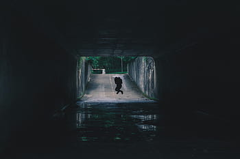 osoba, skákání, tunel, silnice, temný, cesta, lidé, skok, voda, silueta, jedna osoba