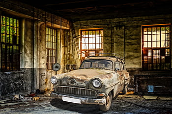 szüret, autó, garázs, öreg autó, opel olympia, lakókocsi, régi-módi, ódivatu, fotómontázs