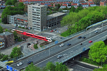 hovedvej, vej, tog, transportmidler, biler, lastbiler, bygninger, Overføring