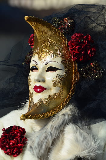 osoba, nošení, půlměsíční maškarní maska, karneval, Benátky, hallia venezia, maska, kostým, zdobené, postava, venezia