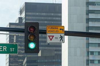 city, traffic, light, green, street, road, building, car, signal, driving, downtown