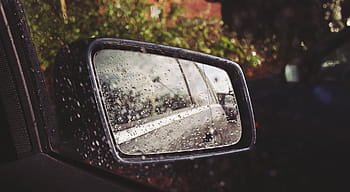 wet, black, framed, wing mirror, right, car, winged, mirror, water, droplets, car mirror