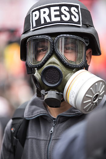 person, wearing, gas mask, black, press helmet, black Press, helmet, press, journalist, violence, fog