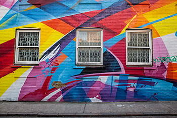 largo, tiro in angolo, edificio in mattoni, est, Londra, coperto, brillantemente, colorato, arte., catturato, canon dslr