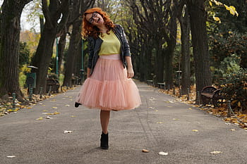 women, wearing, black, jacket, pink, skirt, women's, girl, net, trees, autumn